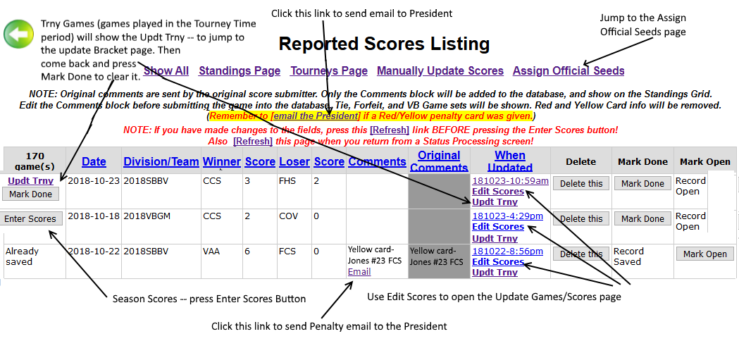 Reported Scores Listing and Edit Screen