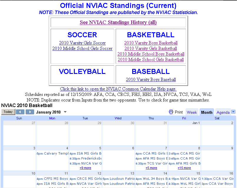 Standings (current) page
