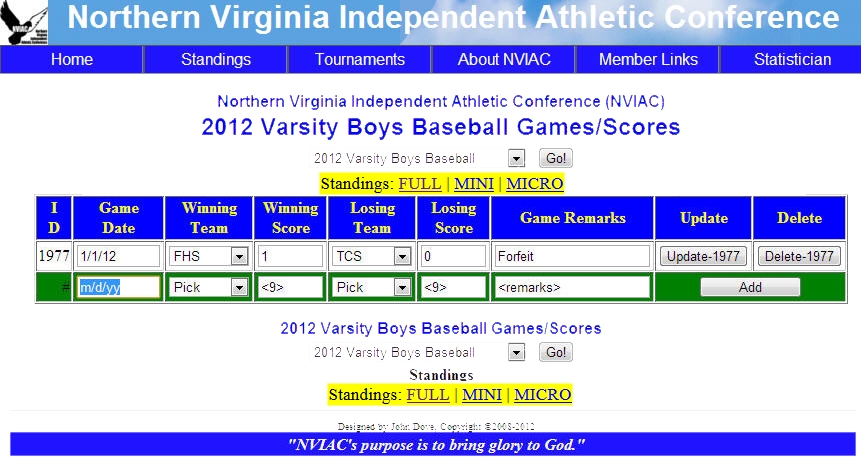 Update Game Scores Admin Screen
