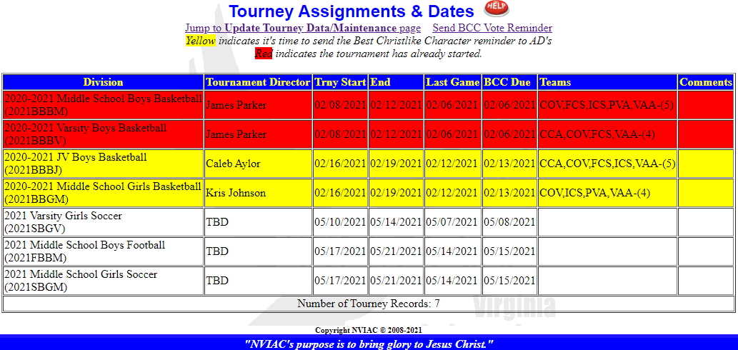 Tournament Date details